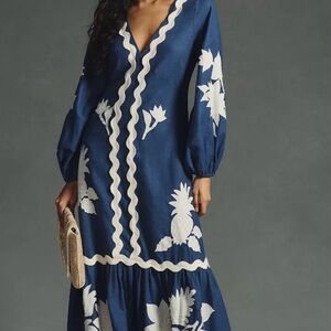 FARM Rio Blue and White Ruffled Tiered Dress with Bishop Sleeves